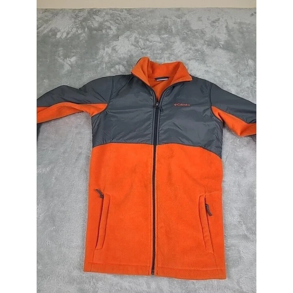 Columbia Fleece‎ Jacket Boys Large Orange Gray Full Zip Softshell Youth Casual
